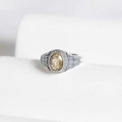 Lakshmi Citrine Silver Ring - Nepali Carved 925 Sterling - Prosperity Stone