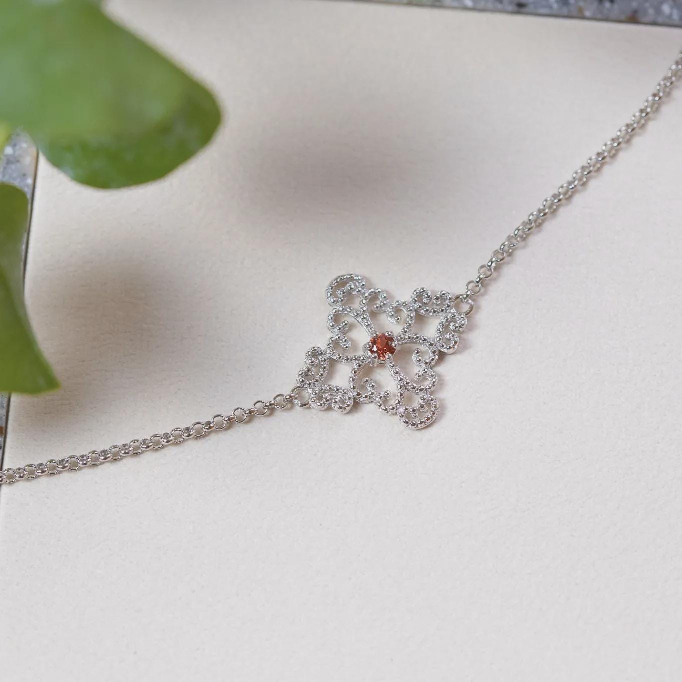 Antoinette Garnet Lace Bracelet - 925 Sterling Silver - Adjustable Chain