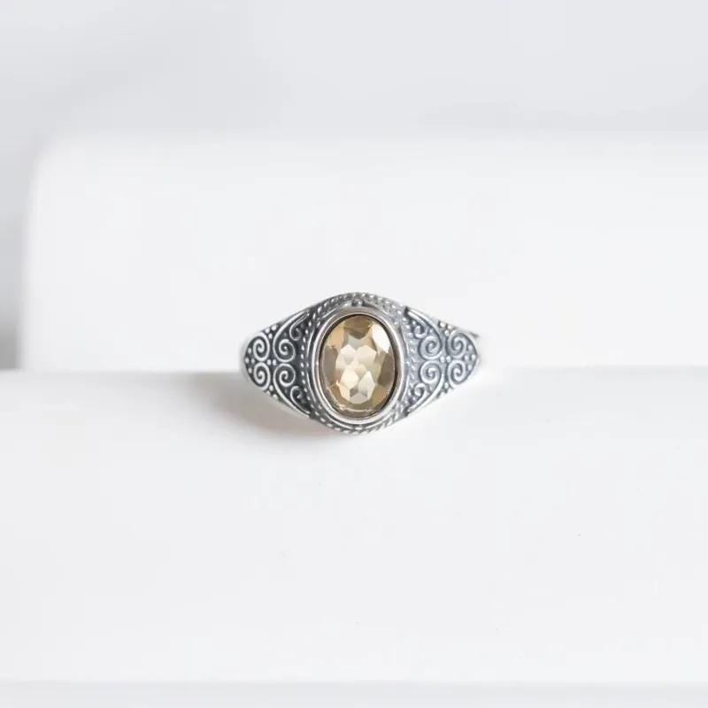 Lakshmi Citrine Silver Ring - Nepali Carved 925 Sterling - Prosperity Stone