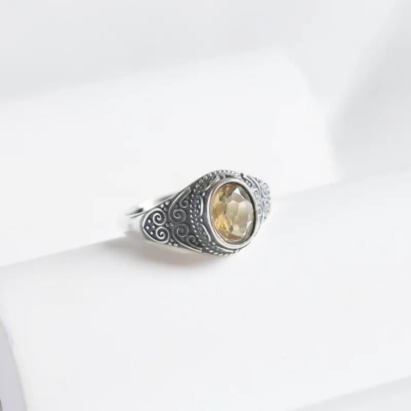 Lakshmi Citrine Silver Ring - Nepali Carved 925 Sterling - Prosperity Stone