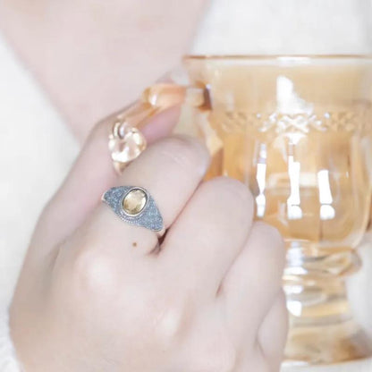 Lakshmi Citrine Silver Ring - Nepali Carved 925 Sterling - Prosperity Stone